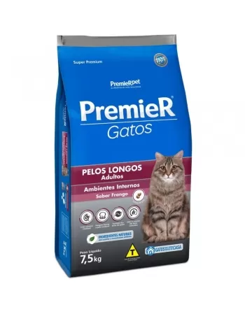 Ração Premier Ambientes Internos Gatos Adultos Pelos Longos Frango 7,5kg