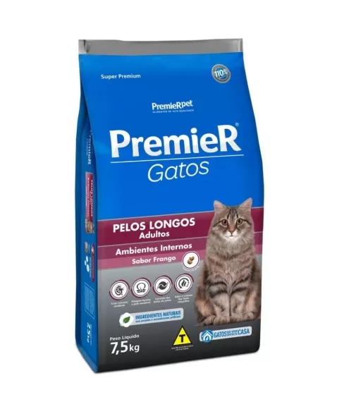 Ração Premier Ambientes Internos Gatos Adultos Pelos Longos Frango 7,5kg