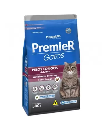 Ração Premier Ambientes Internos Gatos Adultos Pelos Longos Frango 0,5kg