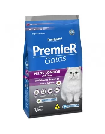 Ração Premier Ambientes Internos Gatos Adultos Pelos Longos Salmão 1,5kg