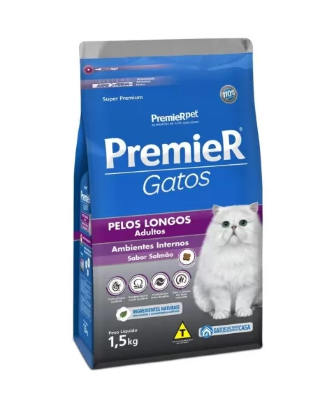 Ração Premier Ambientes Internos Gatos Adultos Pelos Longos Salmão 1,5kg