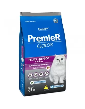 Ração Premier Ambientes Internos Gatos Adultos Pelos Longos Salmão 7,5kg