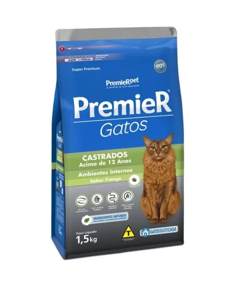 Ração Premier Ambientes Internos Gatos Adultos Castrados +12 Anos Frango 1,5kg