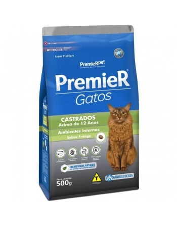 Ração Premier Ambientes Internos para Gatos Adultos Castrados +12 Anos Sabor Frango 500g