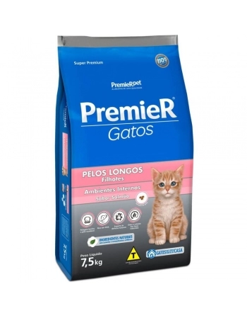 Ração Premier Ambientes Internos para Gatos Filhotes de Pelos Longos Sabor Salmão 7,5kg