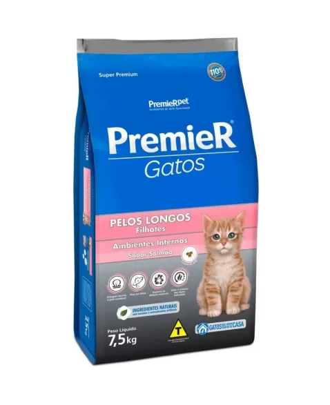 Ração Premier Ambientes Internos Gatos Filhotes Pelos Longos Salmão 7,5kg