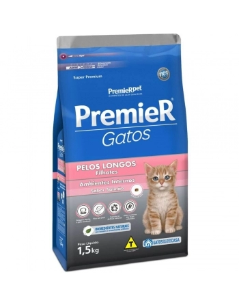 Ração Premier Ambientes Internos para Gatos Filhotes de Pelos Longos Sabor Salmão 1,5kg