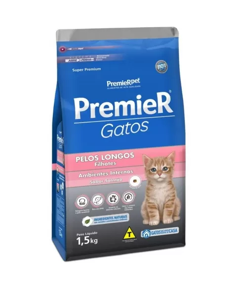 Ração Premier Ambientes Internos Gatos Filhotes Pelos Longos Salmão 1,5kg