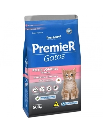 Ração Premier Ambientes Internos para Gatos Filhotes de Pelos Longos Sabor Salmão 500g