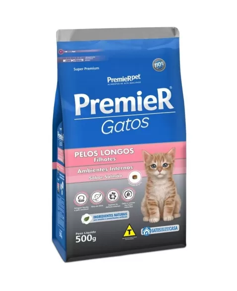 Ração Premier Ambientes Internos Gatos Filhotes Pelos Longos Salmão 0,5kg