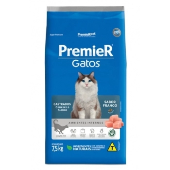 Ração Premier Ambientes Internos para Gatos Adultos Castrados Até 6 Anos Sabor Frango 7,5kg