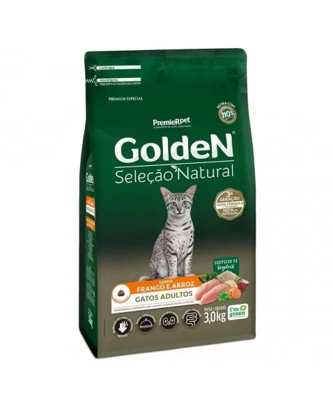 Ração Golden Seleção Natural Gatos Adultos Frango & Arroz 3kg