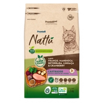 Ração Premier Nattu para Gatos Adultos Castrados Sabor Mandioca 1,5kg