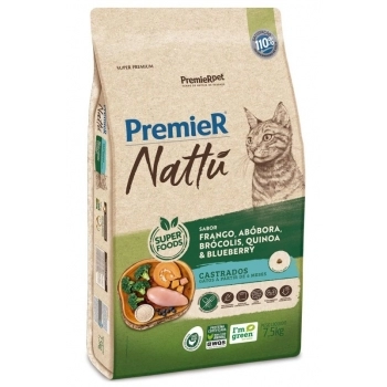 Ração Premier Nattu para Gatos Adultos Castrados Frango com Abóbora 7,5kg