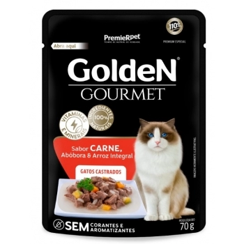 Ração Úmida Golden Gourmet Carne para Gatos Adultos Castrados 70g Kit com 20 Unidades