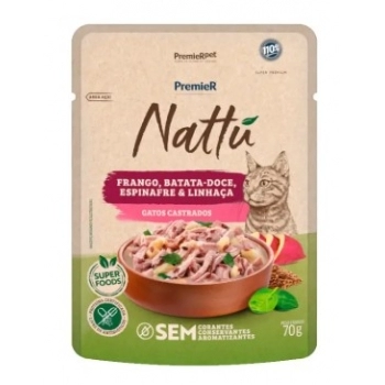 Ração Úmida Premier Gourmet Nattu Gatos Castrados Frango, Batata-Doce, Espinafre e Linhaça 70g