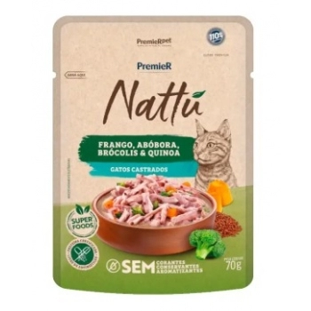 Ração Úmida Premier Gourmet Nattu Gatos Castrados Frango, Abóbora, Brócolis e Quinoa 70g