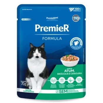 Ração Úmida Premier Fórmula Gatos Adultos Castrados Atum Sachê 70g Caixa com 20 Unidades