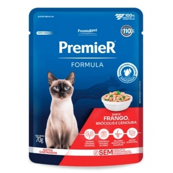 Ração Úmida Premier Fórmula Gatos Adultos Castrados Frango Sâche 70g Caixa com 20 Unidades