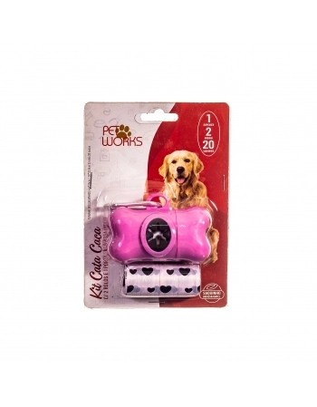 Kit Pet Works Cata Caca Rosa - 1 Porta Saco + 2 Rolos com 20 Saquinhos cada