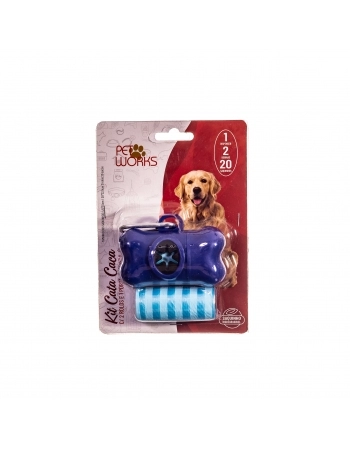 Kit Cata Caca Pet Works com Porta Saco Azul e 2 Rolos para Cães