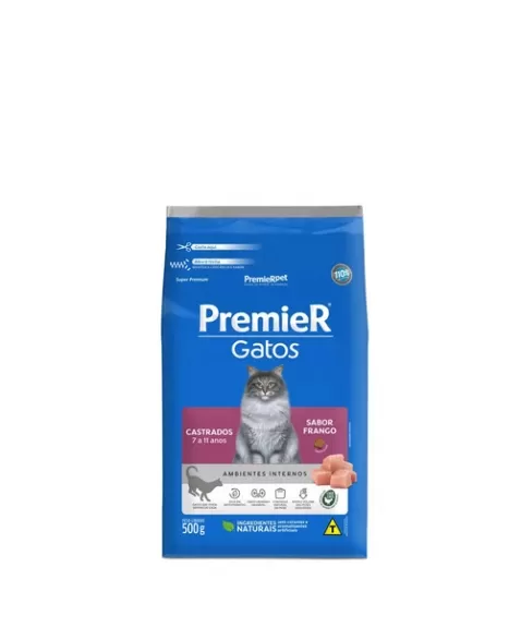 Ração Premier Ambientes Internos Gatos Adultos Castrados 7-11 Anos Frango 0,5kg