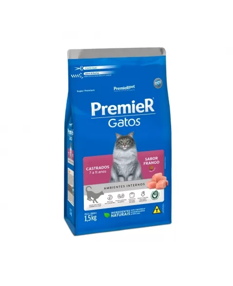 Ração Premier Ambientes Internos Gatos Adultos Castrados 7-11 Anos Frango 1,5kg