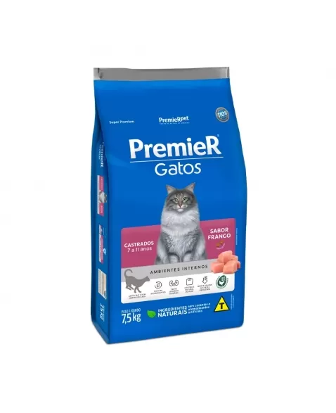 Ração Premier Ambientes Internos Gatos Adultos Castrados 7-11 Anos Frango 7,5kg