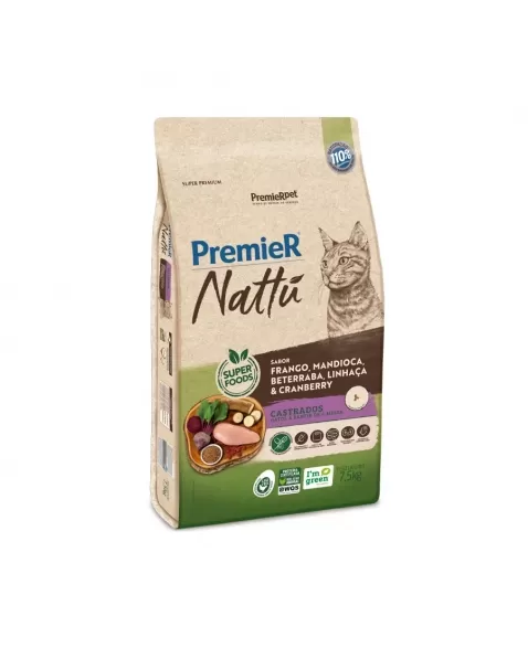 Ração Premier Nattu Gatos Adultos Castrados Mandioca 7,5kg