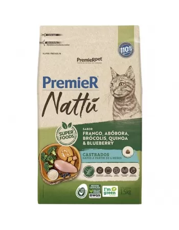 Ração Premier Nattu Gatos Adultos Castrados Abóbora 1,5kg