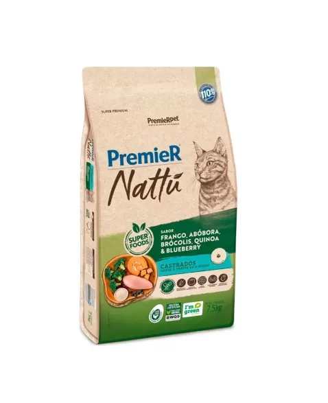 Ração Premier Nattu Gatos Adultos Castrados Abóbora 7,5kg