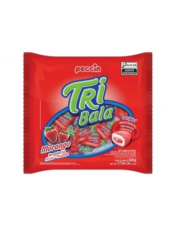 Bala Mastigável Tribala Morango Peccin 500g Pacote com 10 Unidades