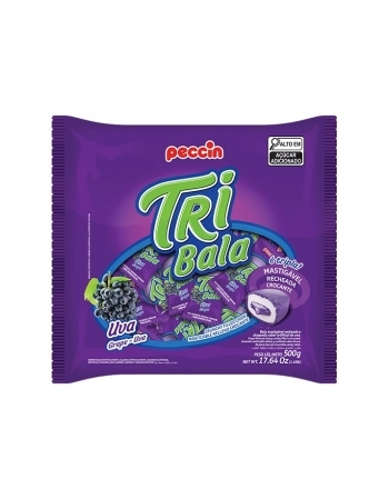 Bala Mastigável Tribala Uva Peccin 500g Pacote com 10 Unidades