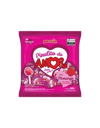 Pirulito Morango do Amor Peccin 480g Pacote com 16 Unidades